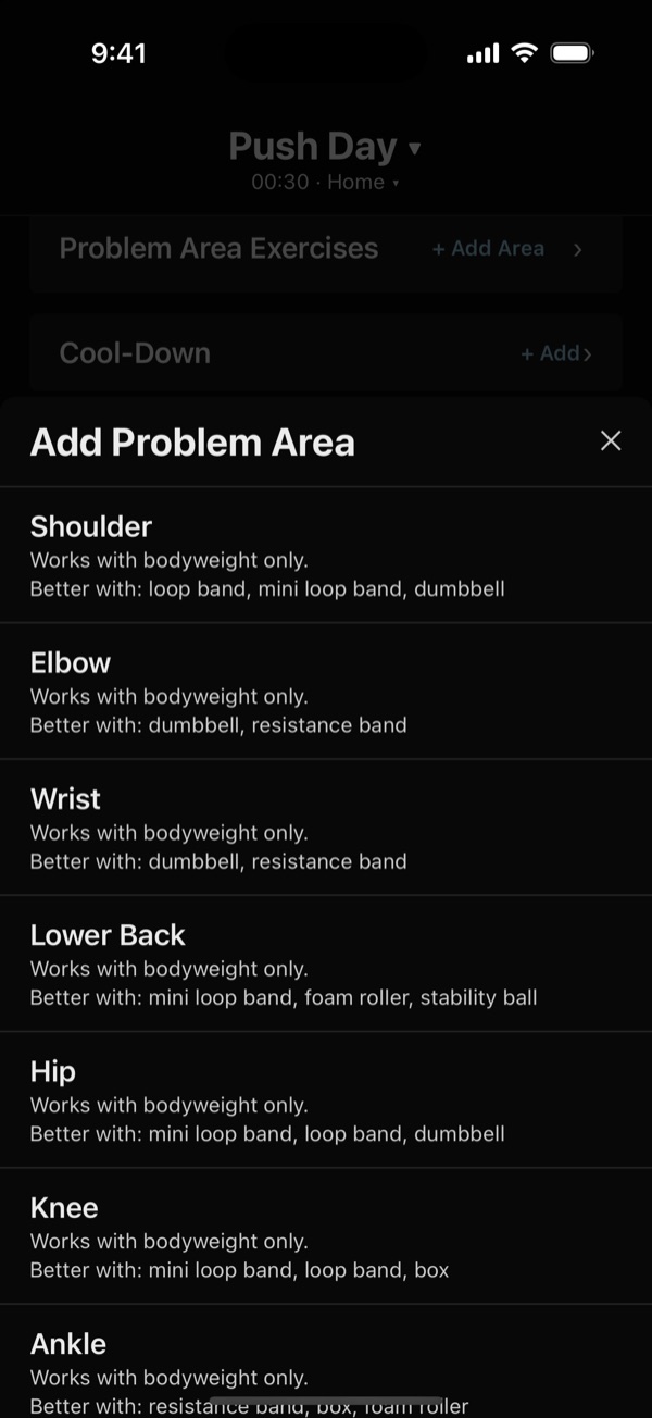 The Add Problem Area list: shoulder, elbow, wrist, lower back, hip, knee, and ankle, each noting the equipment it works with