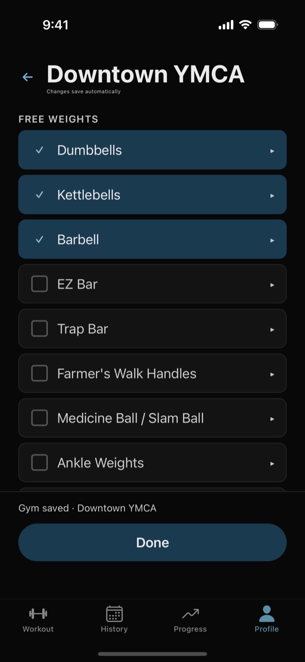 Equipment for Downtown YMCA with dumbbells, kettlebells, and barbell selected