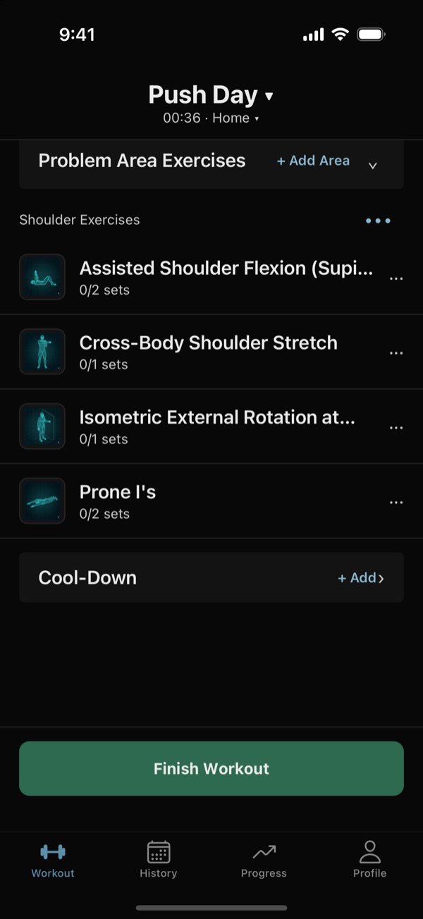 Today's workout with a Problem Area Exercises section holding four shoulder exercises: Assisted Shoulder Flexion, Cross-Body Shoulder Stretch, Isometric External Rotation, and Prone I's